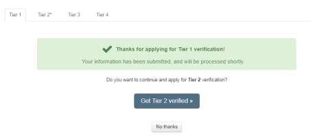 8 Now we can proceed with Tier 2 verification. Click on Get Tier 2 verified.