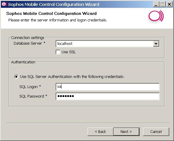 Sophos Mobile Control 2. During setup, the Sophos Mobile Control Configuration Wizard is displayed. Select Use Microsoft SQL Server as database and click Next.