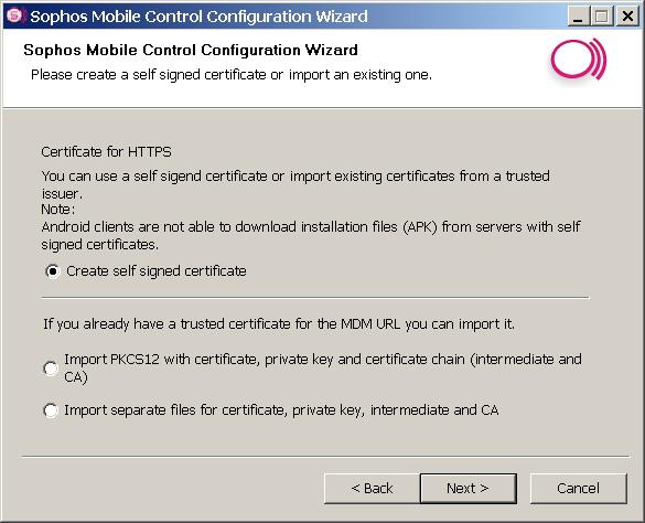 Sophos Mobile Control 10. Enter the relevant EAS-Proxy information, select Use SSL and click Next. 11. In the next step, certificates for HTTPS need to be created or imported.