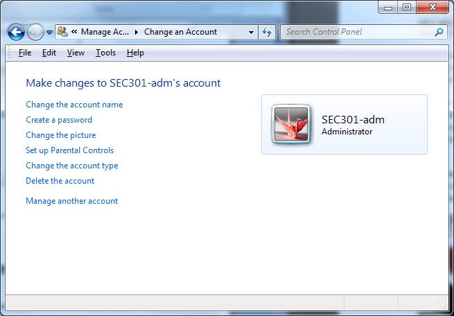 4. Fill in the account name (SEC301-adm), select Administrator and click on Create Account.