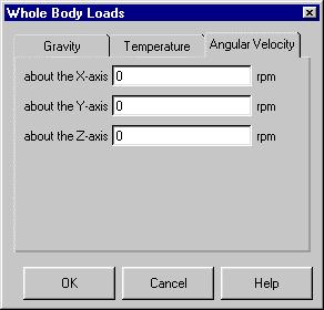 To apply angular velocity body loads, click the Angular Velocity tab, enter the rotational speeds about the X, Y, and/or Z axes in revolutions per minute (RPM), then click OK.