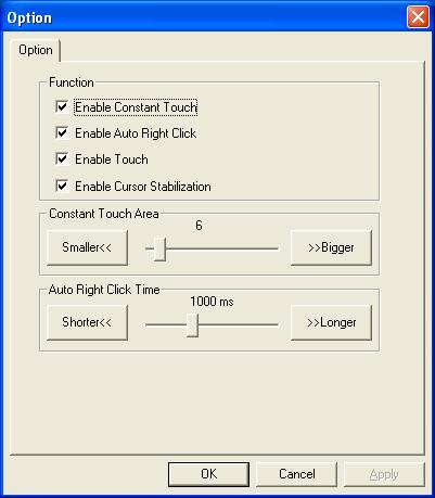 Option Function Enable Constant Touch Enable Auto Right Click Enable Touch Enable