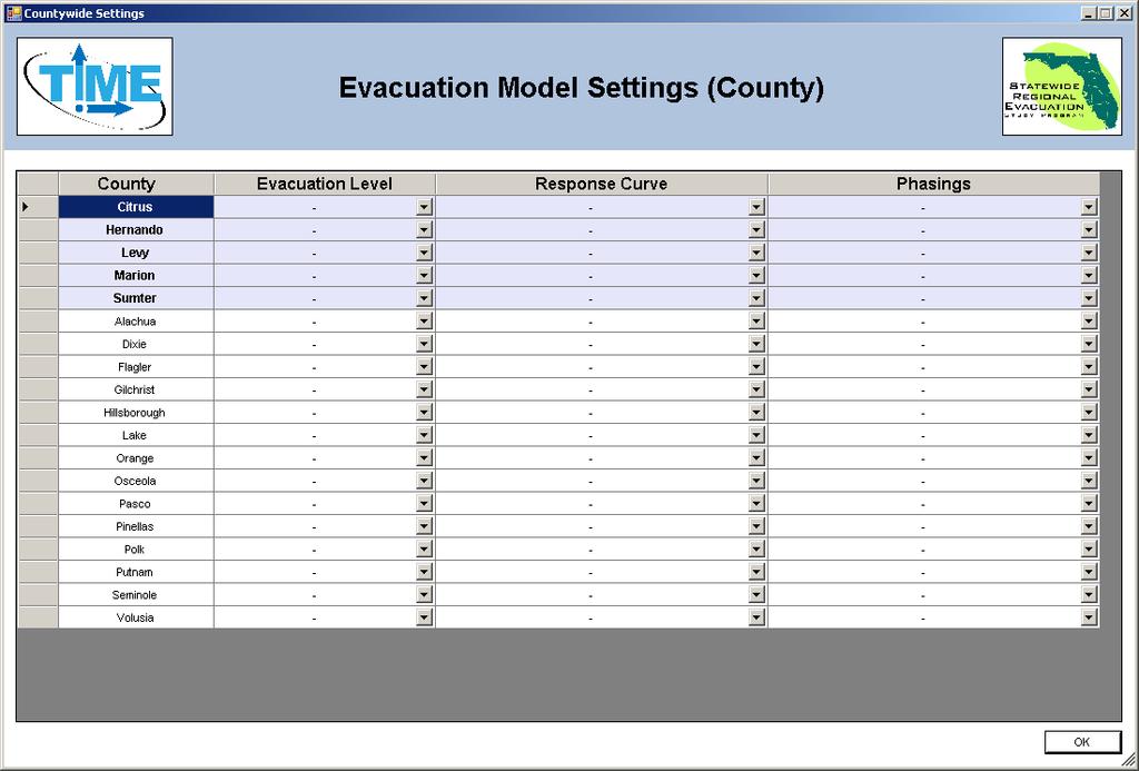 Evacuation Model Settings (County) The Evacuation Model Settings window appears if you click the Edit button next to Evacuating Counties in the Scenario Summary form.