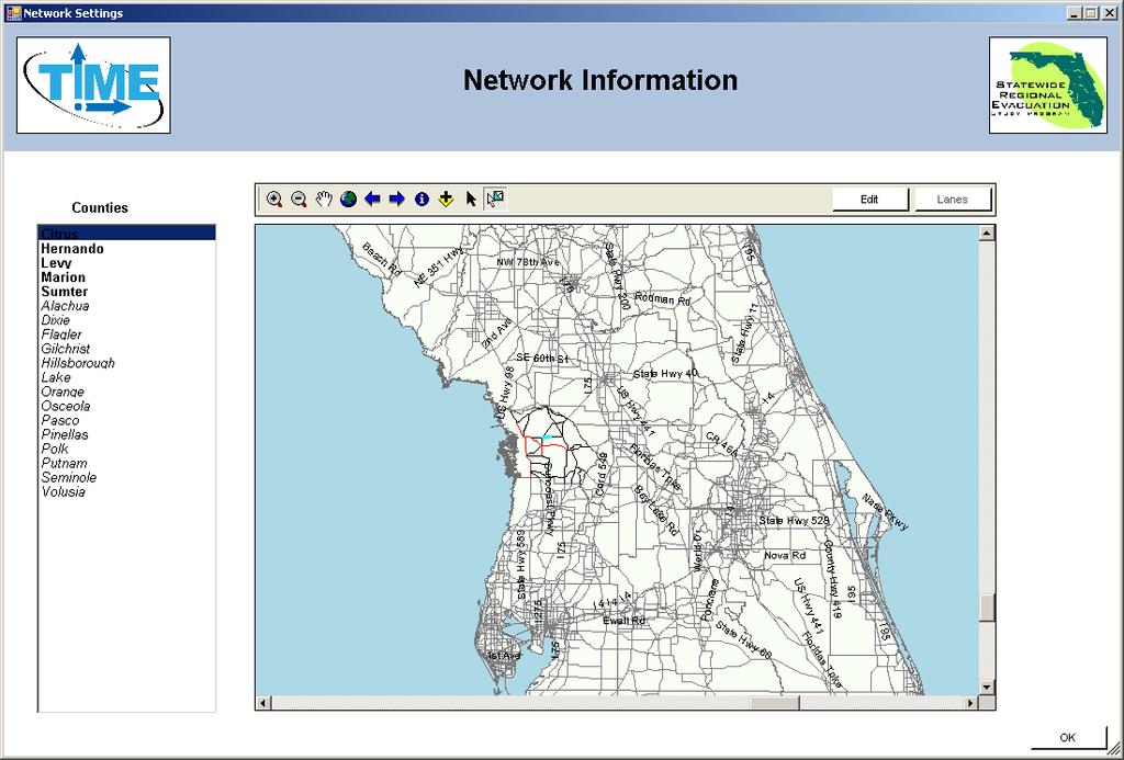 Network Information This interface opens when the user clicks the Edit button next to Roadway Network Modified in the Scenario Summary form.