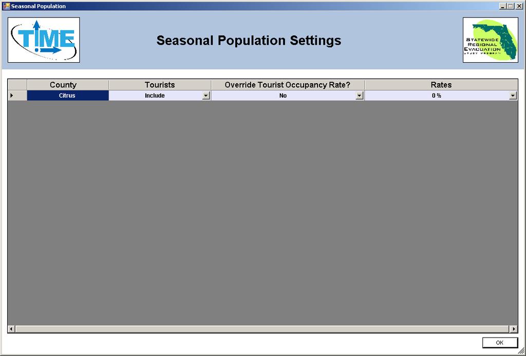Seasonal Population Settings This interface opens if the user clicks the Edit button next to Counties Including Tourist Population in the Scenario Summary form.