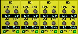 HIGH: Boosts/Cuts the signal s high end at 8 khz LOW: Boosts/Cuts the signal s low end at 220 khz MID: Boosts/Cuts the frequency specified by the Frequency (FREQ) knob just to the right FREQ: Selects