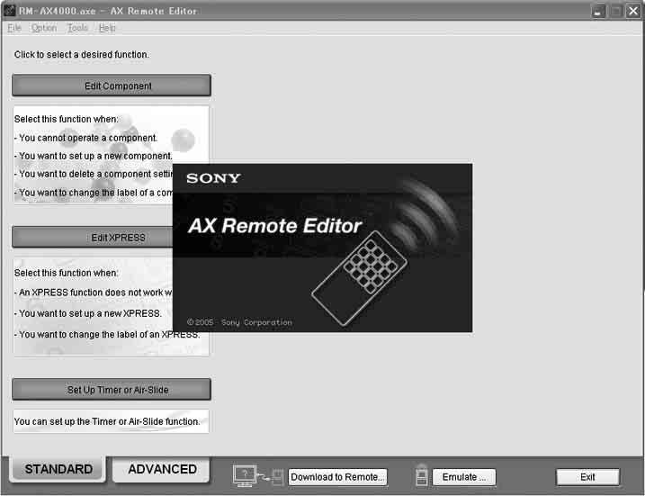 Starting up AX Remote Editor On your PC, click the Windows Start button and point to All Programs - Sony Remote AX, - AX Remote Editor and click.