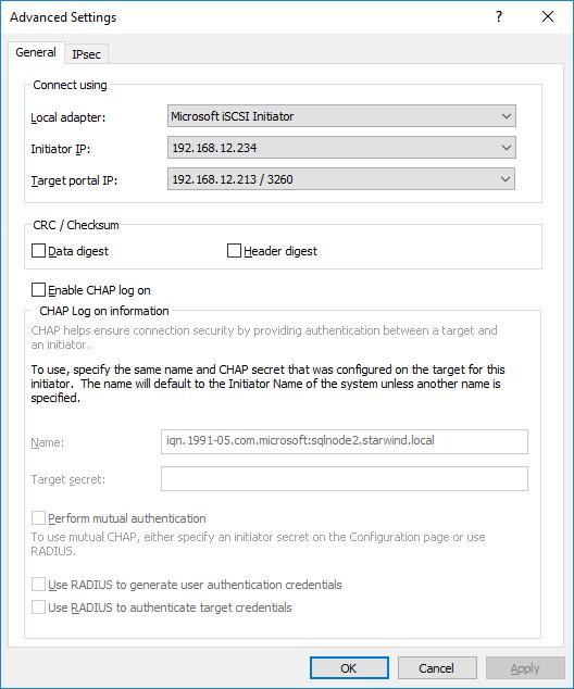 45. Set Local adapter as Microsoft iscsi Initiator, specify the Initiator IP address and Target portal IP, and press the OK