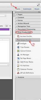 Click on Tools (1) to open the menu, then under Print Production, click Output Preview (2) to open that menu.