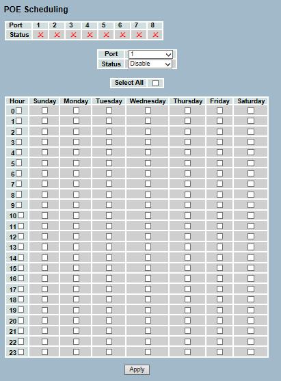 Scheduling This page allows the user to make a perfect schedule of PoE power supply. PoE scheduling makes PoE management easier and saves more energy.