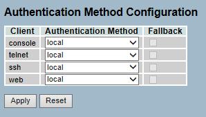 Auth Method This page shows how to configure an authenticated user when he logs into the switch via one of the management client interfaces.