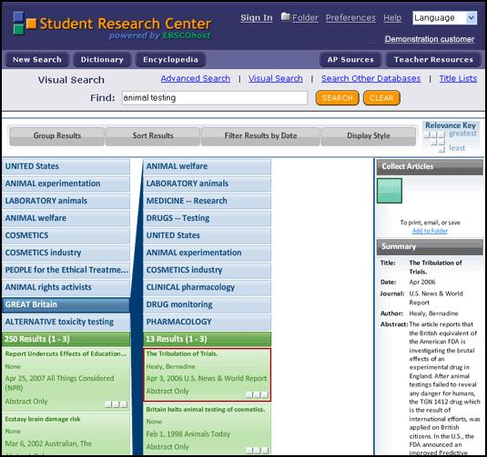 Visual Search Visual Search is a new and innovative way to search the Student Research Center. Your results are sorted by topic in an interactive, visual map.