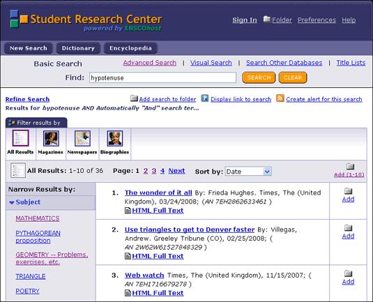 3. Click the Search for your word in the Student Research Center link. A Result List appears. To browse the Dictionary: 1.