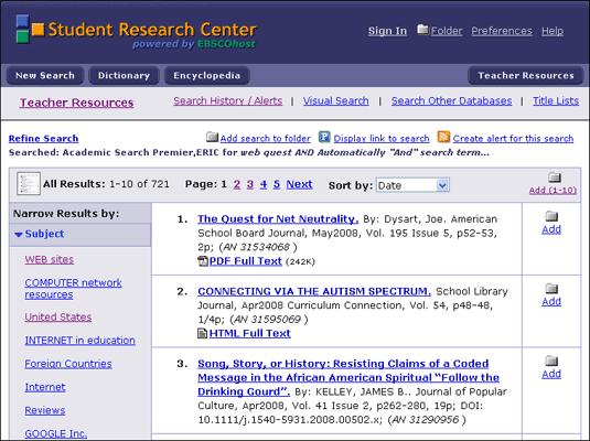 3. Click Search. A Result List is displayed. If you click the Refine Search link, you are returned to Teacher Resources Search with search terms, limiters and expanders remembered.