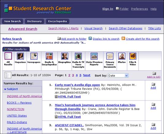Clustered Results Some databases support organizing the Result List by subjects, authors, or journals.