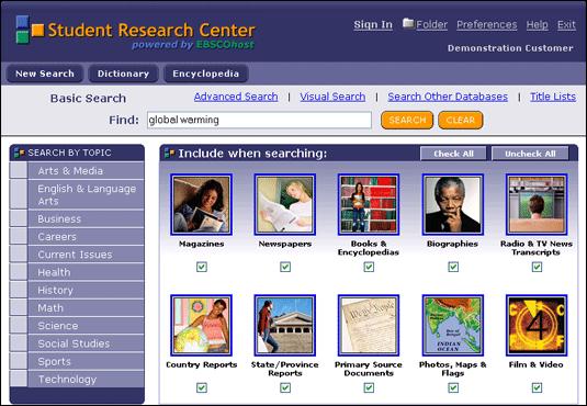 Using the Student Research Center Home Page Basic Search To create a Basic Search: 1. On the Basic Search Screen, enter your search terms in the Find field and click Search.