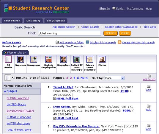 If you click the Student Research Center logo or New Search, you are returned to the Basic Search Screen with all your search terms cleared and any search parameters reset.