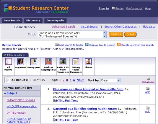 2. Mark any subtopics that you want and click Search. A Result List of articles related to your topics displays. If you select only a main topic, your results will be broad.