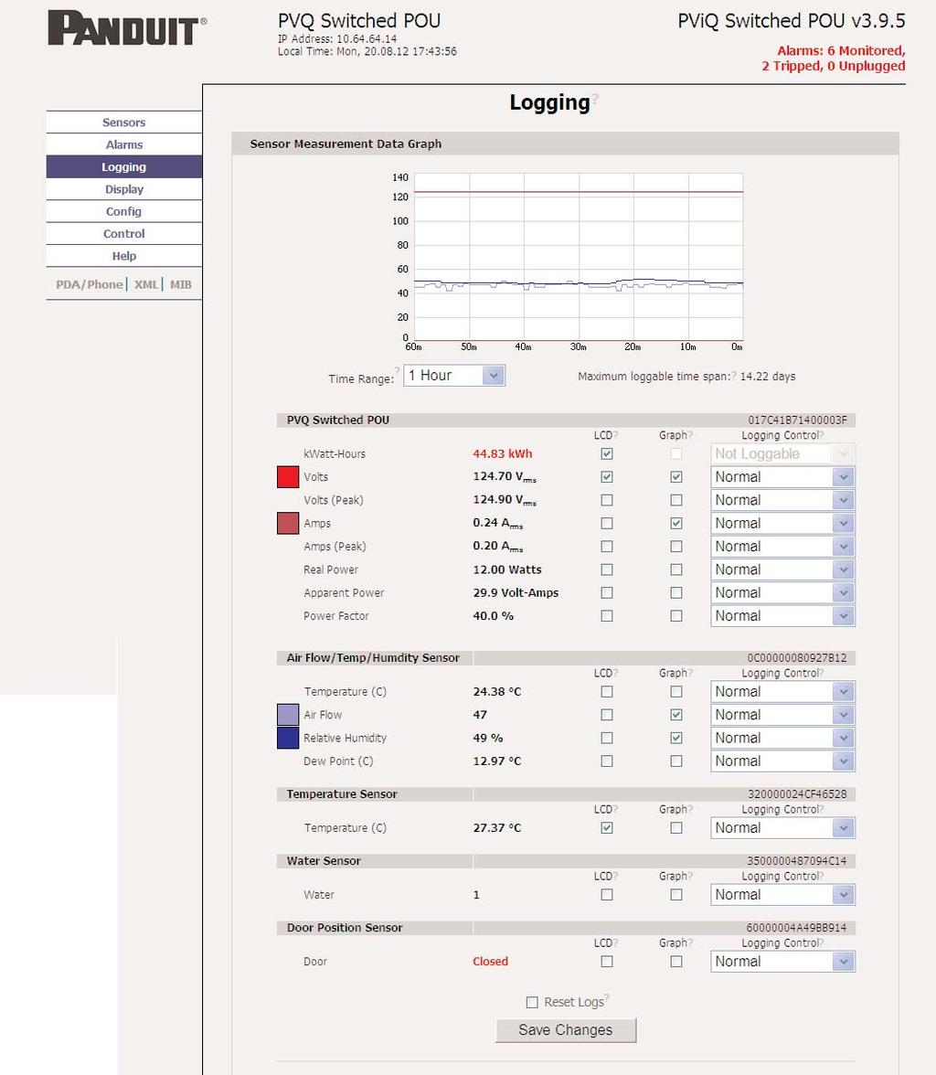 Logging Check boxes under the LCD or graph heading allow the user to select which readings are to be on the local meter Logging Control allows the user to select between different modes of logging