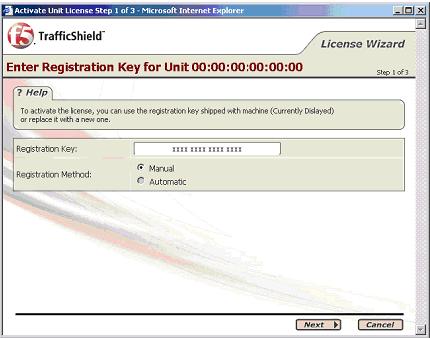 Configuration 3. Click the Activate License button of the unit you want. This starts the licensing wizard and opens the Enter Registration Key window.