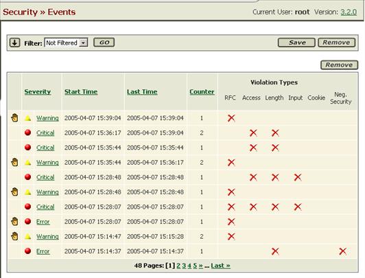 Monitoring Displaying the events The Security-Events tab lists the events relating to requests that do not comply