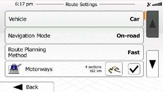 3.4.9 Changing the road types used in route planning To recalculate the active route with different road type preferences, do as follows. These changes can also be made in Settings (page 89). 1.