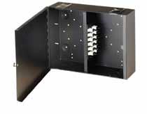 The rugged wall mount cabinet is equipped with cable management modules and cable routing accessories to limit bend radius and add strain relief control.