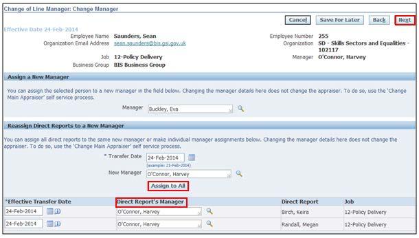 19. The Manager of the Direct Reports has now changed, click To reassign the Direct Reports individually, you would click