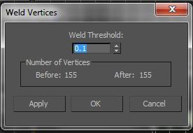 Once you have two vertices selected, click on the Weld settings dialogue button. The Weld Settings dialogue box will appear. Here you can see your options for the weld.