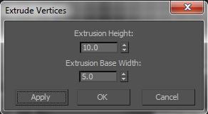 The Extrude Vertices Dialogue box will appear on your screen. By adjusting the extrude using these number sliders you have more exact control over how far out, and how far the base is spread.