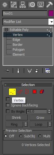 By clicking on either the word, or the symbol it will allow you to manipulate that sub-object. If we click the Vertex symbol (the three dots) you will notice that the word Vertex is also Highlighted.