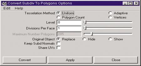 2-2. Subdiv to Polygons (Modify > Convert > Subdiv to Polygons) This is the tool used to convert subdivision surfaces to polygon objects.