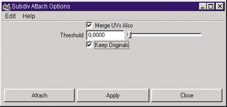 Figure 1-63 Subdiv Attach Options Window Merge UVs Also If the model to attach has a UV-axis, the axes on both sides of the model will also merge.