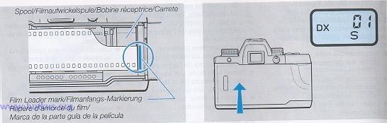 2. Insert the film slant-wise into the film 2 chamber with its protruding end downwards. Note on the shutter curtain: The shutter curtain is a precision part.
