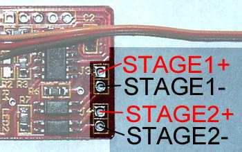 The photo on the right shows how the two camera stages are identified on ShutterBug Pro s circuit board. The connections must be made by soldering your custom made wiring cable to the indicated pads.