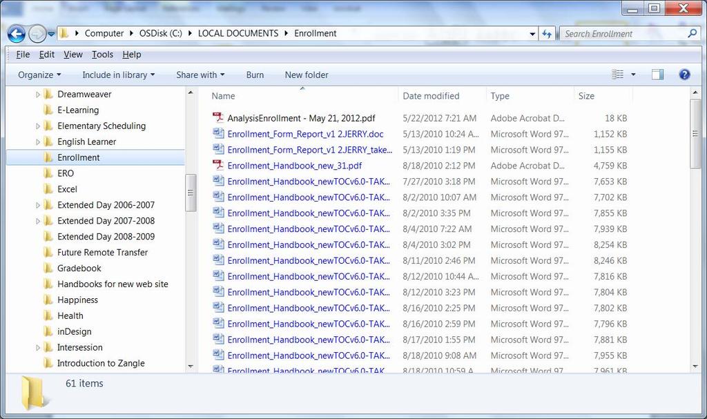 16 Click the folder that contains your saved report. (In this example, it is my Enrollment folder.