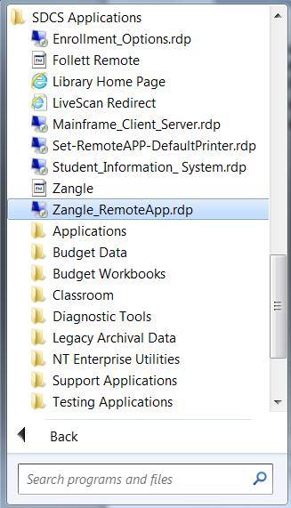 3 Click SDCS Applications. 4 Click Zangle_RemoteApp.rdp.