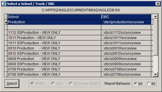 The familiar Select a School / Track / DBC box will appear