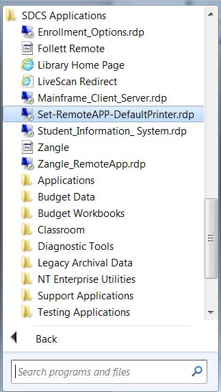 4 Click Zangle_RemoteAPP-DefaultPrinter.rdp. A Connecting to farm1.sandi.net dialog box opens. 5 Don t click anything on this dialog box!