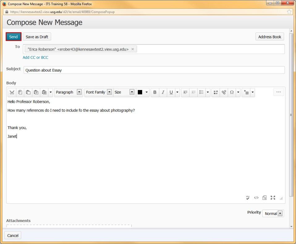 8. You will be directed back to the Compose New Message window. Enter a Subject and your Message, as shown in Figure 43.