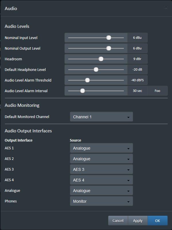 Audio Level Settings Nominal Input and Output Levels can be set.