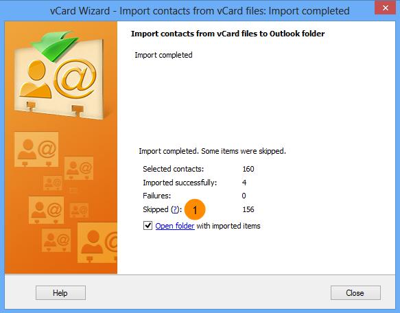 Item skipping during contacts import/export Contact Transfer report presents you with the different contact categories, one of them is Skipped (1) or Not transferred (vcard Transfer Wizard) (2)