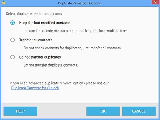 3) Choose the Duplicate resolution options. vcard Wizard offers basic duplicate resolution options, thus you can avoid transferring the identical duplicate contacts.