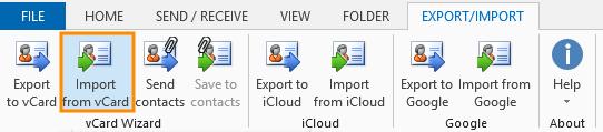 Import Vcard files to Contacts Folders 1. Select the "Import" button from Outlook tab Export/Import or from the Outlook File drop-down menu. 2.