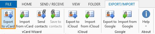 Export Outlook Contacts Export Outlook Contacts folders to vcard: 1. Select the Export button in Outlook tab Export/Import or from the Outlook File dr 2.