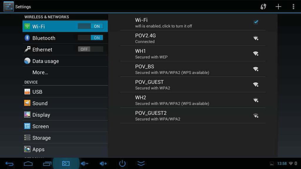 English Point of View SmartTV-500 Center - Android 4.2 4.3 Connecting Bluetooth devices To connect a Bluetooth device, open the Bluetooth menu in the left panel of the settings menu.