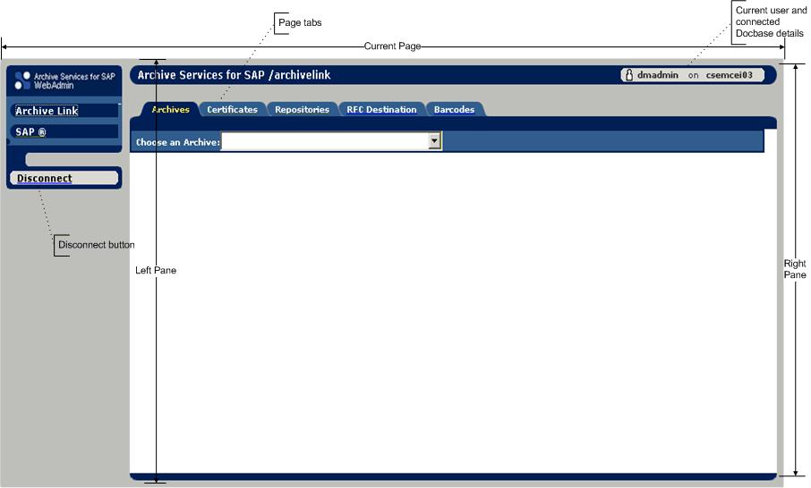 Administering Archive Services for SAP Figure 2. WebAdmin Initial page The left pane of the initial page contains three buttons: 1.