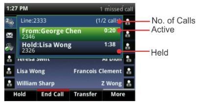 the up and down arrow keys to highlight a call. The soft keys apply to the highlighted call.