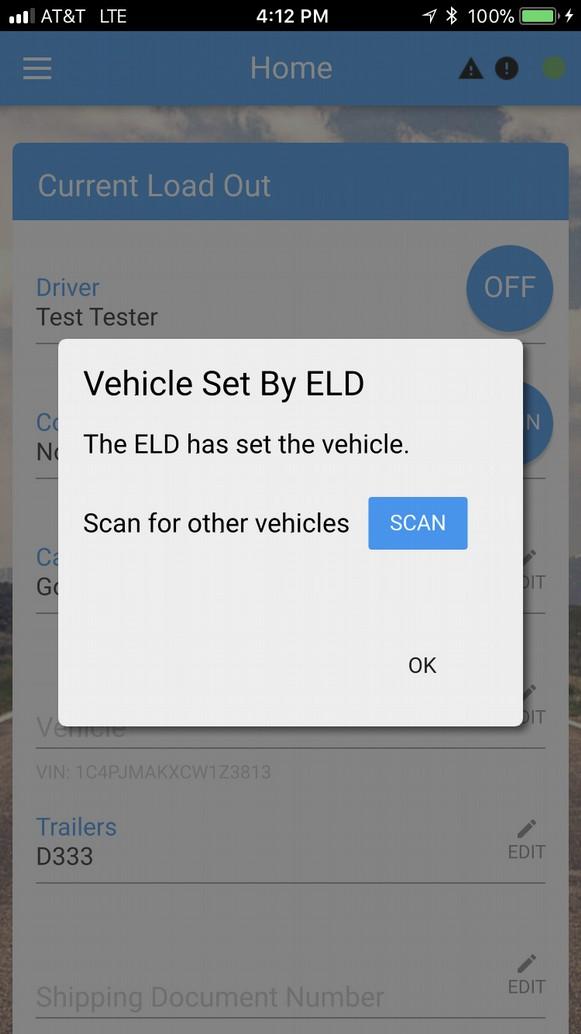 The Home Screen (continued) If your app is connected to an ELD, the ELD will set the vehicle listed in your Current Load Out.