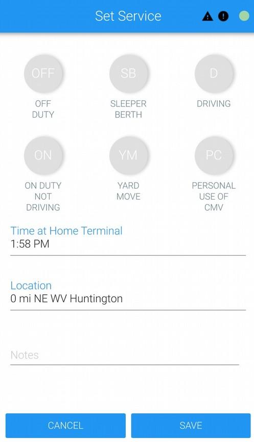 Hours of Service (continued) Adding a Record of Duty Status To add a duty status tap the green + button and select Add Duty Status. This will open the Set Service menu shown to the left.